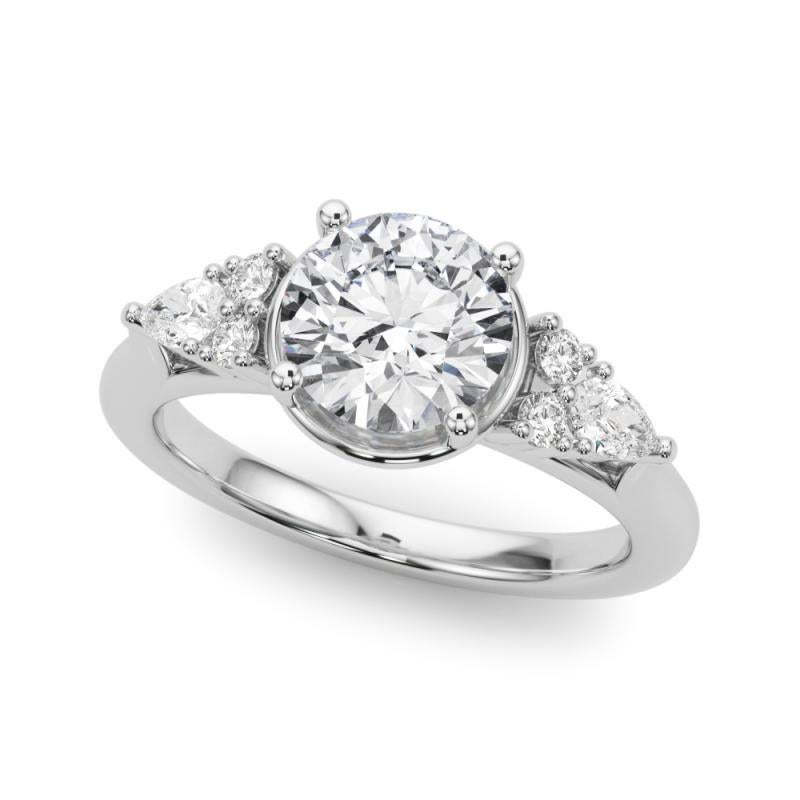 Taglio rotondo GIA 1,2ct Anello con diamante rotondo a castone e fiore incastonato in oro bianco in vendita