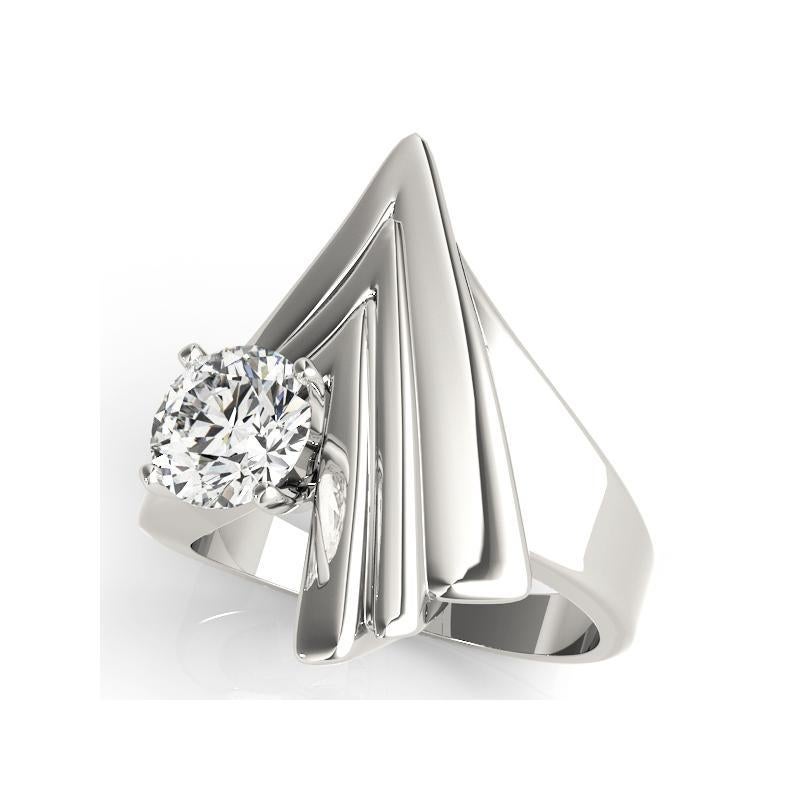 Taglio rotondo GIA 1,2ct Solitario rotondo Anello futuristico con diamante Chevron in oro bianco 18 carati in vendita