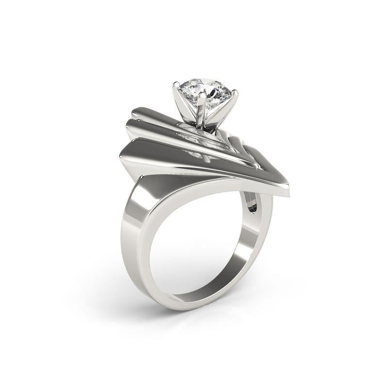 Donna GIA 1,2ct Solitario rotondo Anello futuristico con diamante Chevron in oro bianco 18 carati in vendita
