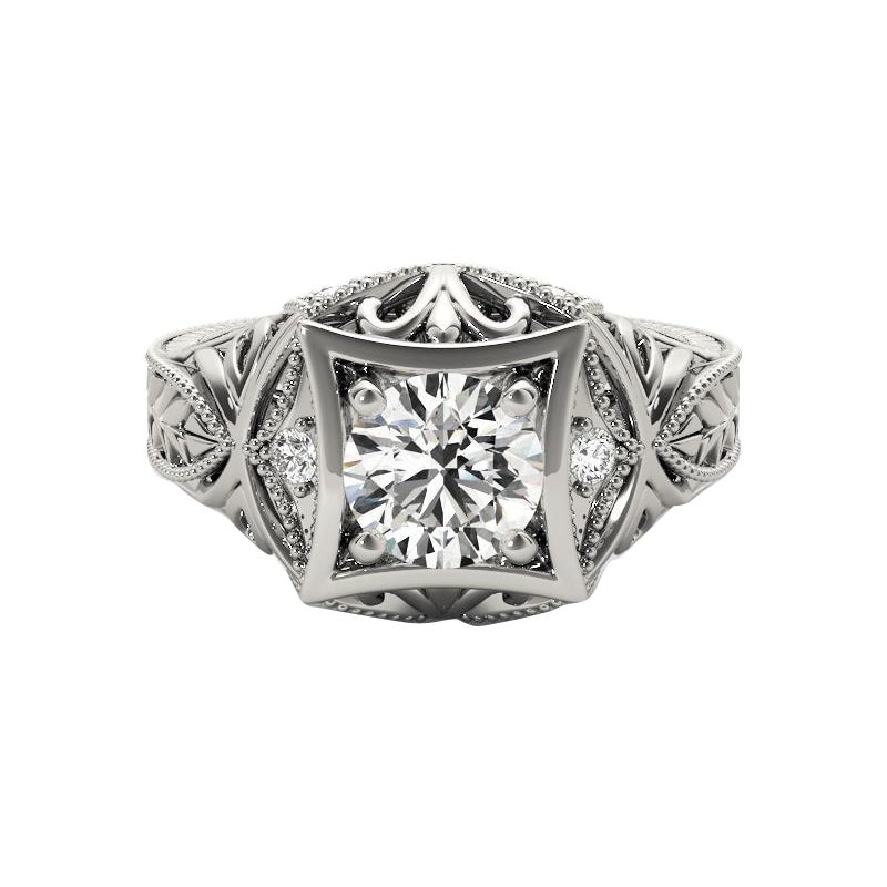 GIA Anello con diamante rotondo da 1,3 carati con incisione Tropical in oro bianco 18 carati