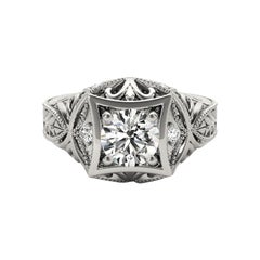 GIA Anello con diamante rotondo da 1,3 carati con incisione Tropical in oro bianco 18 carati