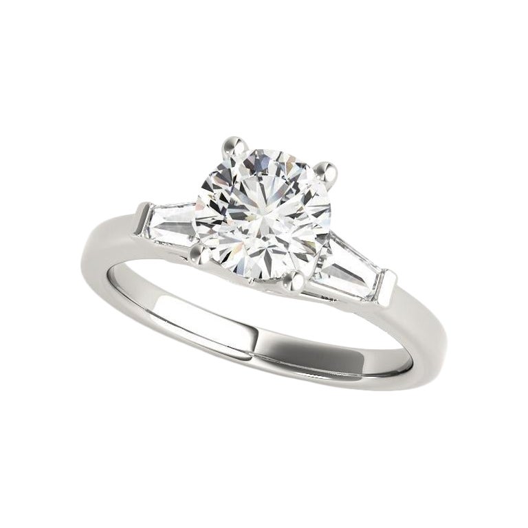 GIA 1.3 Carat Round & Fancy Baguette Three-Stone 18K White Gold Diamond Ring
