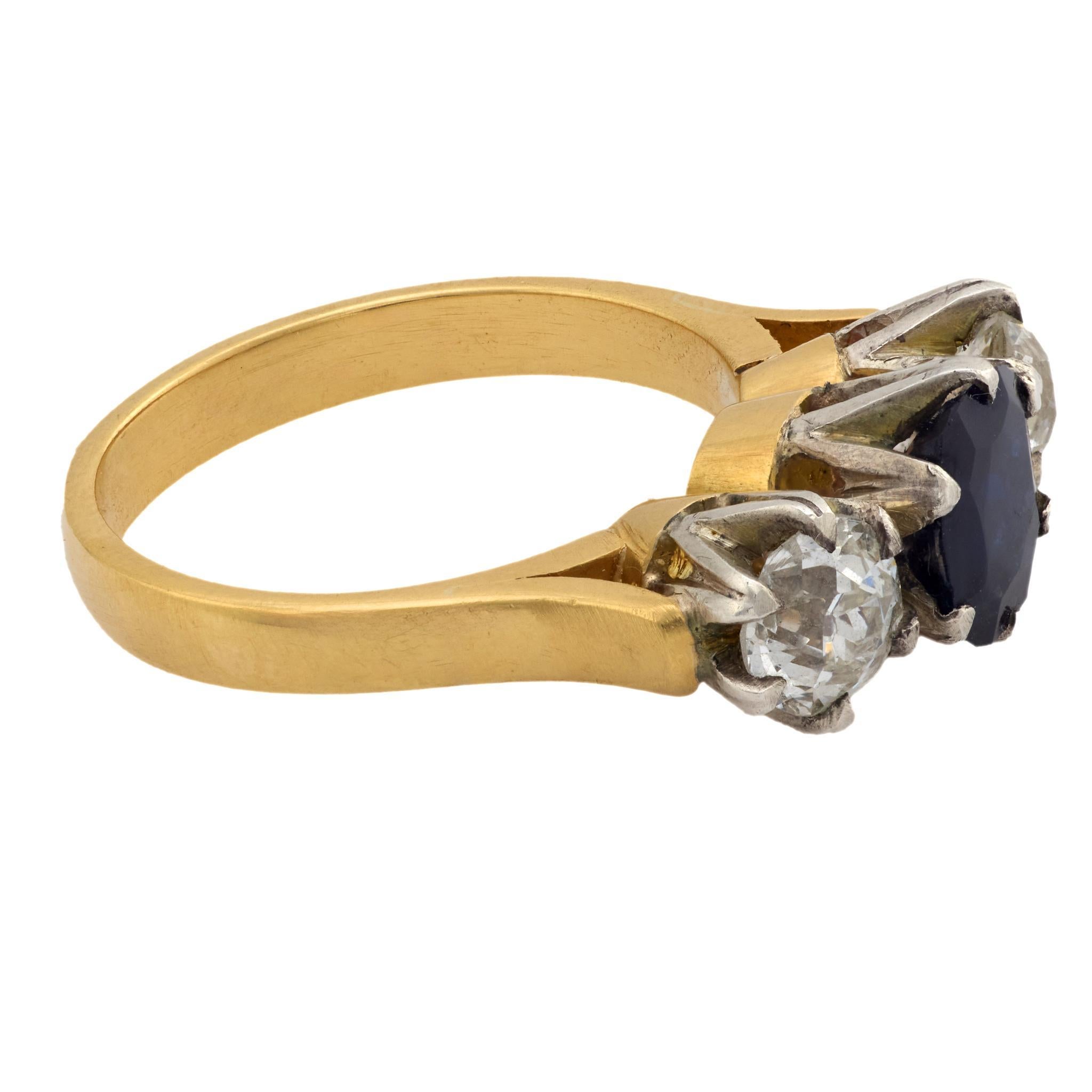 GIA 1.30 carat Burma no heat sapphire diamond 18k yellow gold three stone ring In Good Condition For Sale In Beverly Hills, CA