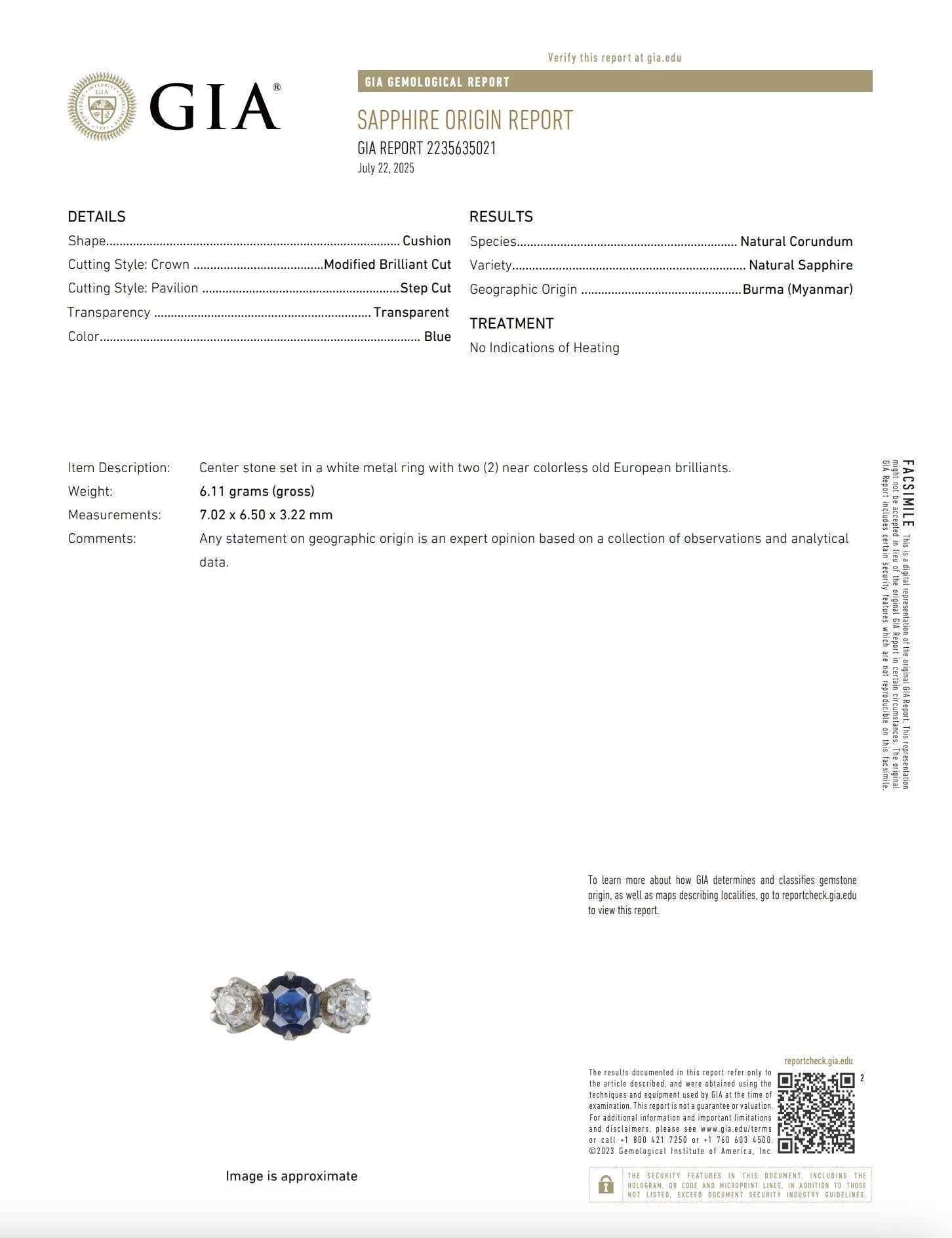 GIA 1.30 carat Burma no heat sapphire diamond 18k yellow gold three stone ring For Sale 1