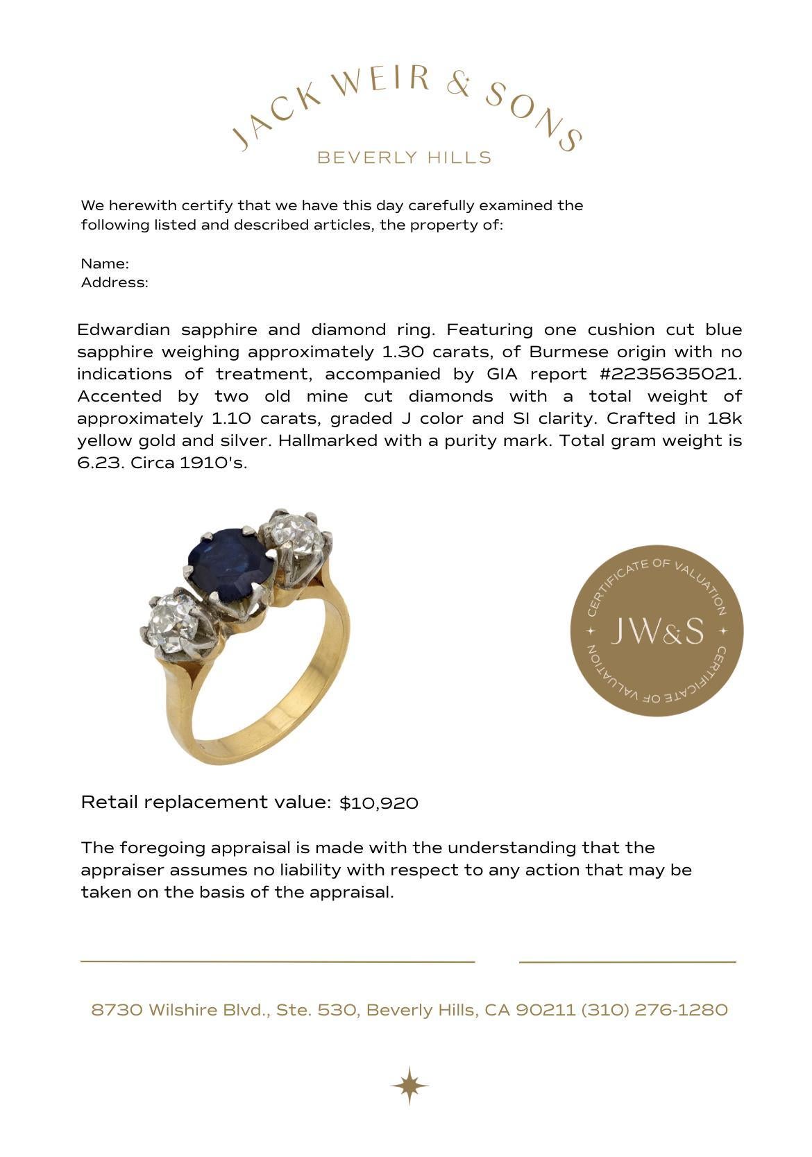GIA 1.30 carat Burma no heat sapphire diamond 18k yellow gold three stone ring For Sale 2