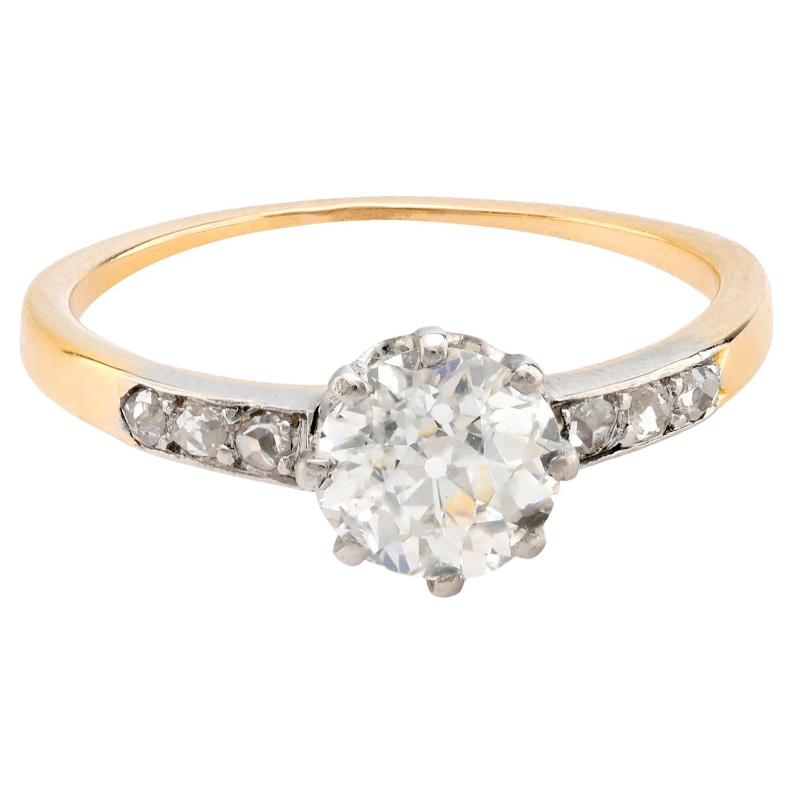 GIA 1,30 quilates diamante talla europea antigua Anillo de compromiso de oro amarillo de 18 quilates