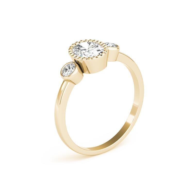Donna GIA Anello con tre pietre in oro giallo 18 carati con castone ovale da 1,30 carati in vendita