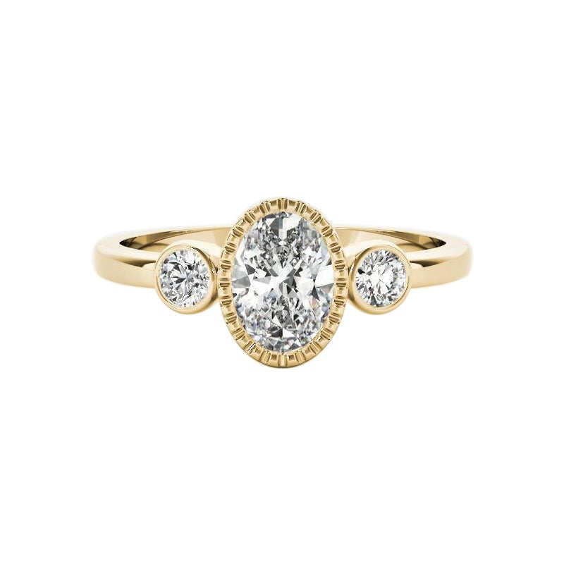 GIA Anello con tre pietre in oro giallo 18 carati con castone ovale da 1,30 carati