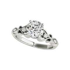 GIA 1,30 Carati Rotondo a Cinque Pietre Anello con Diamante Antico a Voluta in Oro Bianco 18K