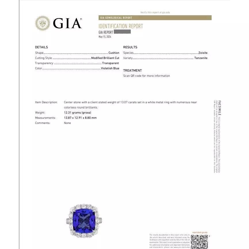 GIA 13.07cts Tanzanite dans un anneau de diamant en platine

La bague Tanzanite et diamant en platine présente une Tanzanite naturelle de forme coussin certifiée par le GIA pesant 13,07 carats, entourée d'un halo de diamants ronds de taille