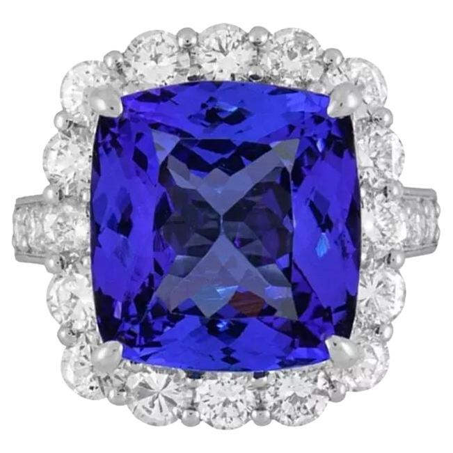 GIA 13.07cts Tanzanite in Diamond Halo Platinum Ring