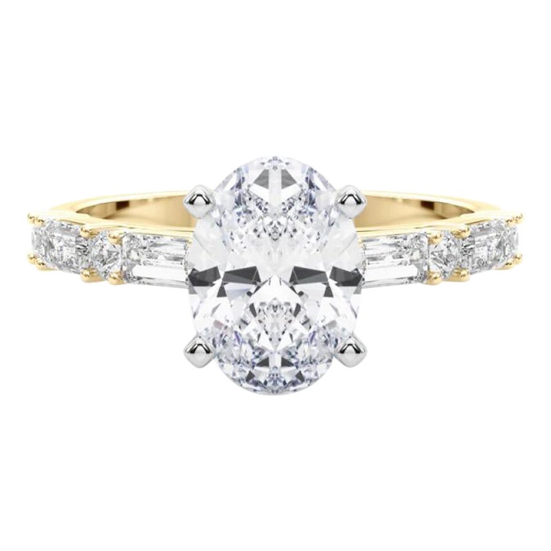 GIA 1.30ct Oval Round & Baguette Channel Band Bague diamant en or jaune 18K