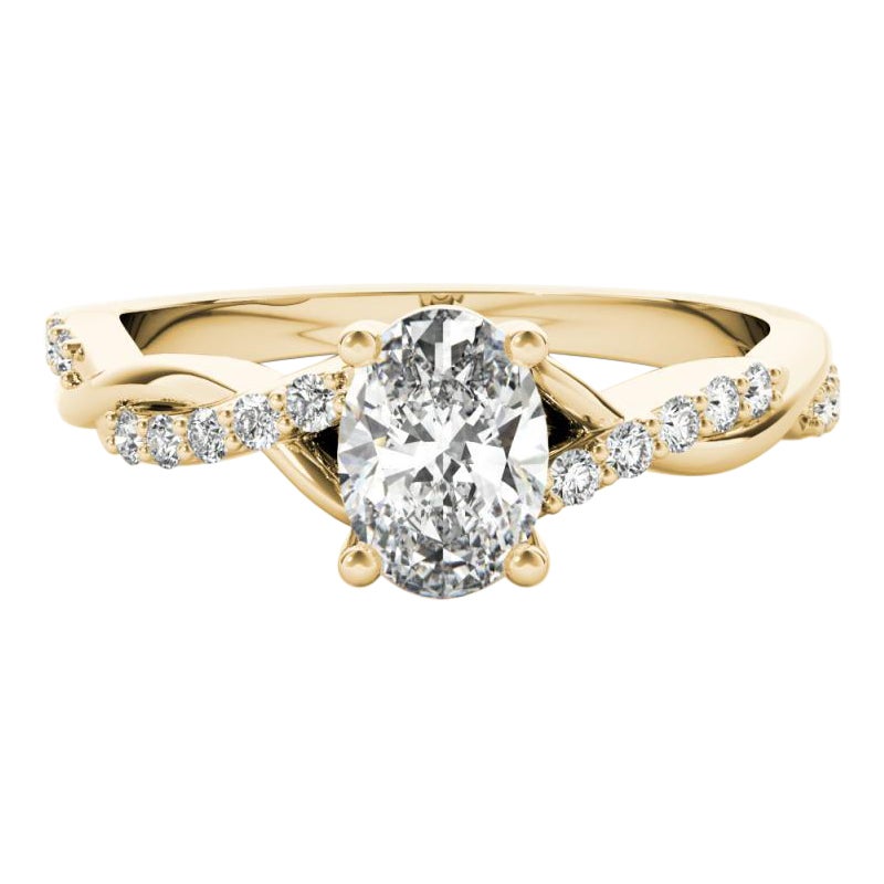 GIA Anillo de diamantes de oro amarillo de 18 quilates con solitario oval de 1,30 quilates enrejado enredadera retorcida
