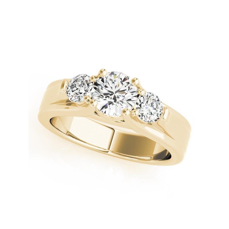 Taglio rotondo GIA Anello con diamante rotondo a 3 pietre smussate in oro giallo 18 carati Cathedral 1.30ct in vendita