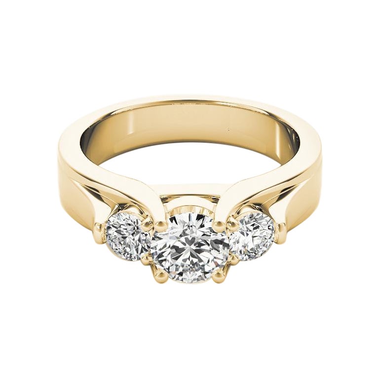 GIA 1.30ct Round 3-Stone Beveled Band Cathedral 18K Yellow Gold Diamond Ring