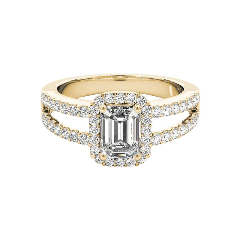 GIA 1,31 Carati Halo Emerald Filigree Split Shank Anello con diamanti in oro giallo 18K in vendita