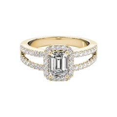 GIA 1.31 Carat Halo Emerald Filigree Split Shank 18K Yellow Gold Diamond Ring