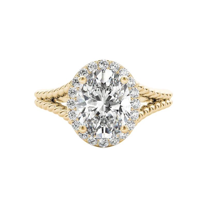 GIA 1,31 Carati Corda ritorta Split Shank Anello con diamante ovale aureolato in oro giallo 18K
