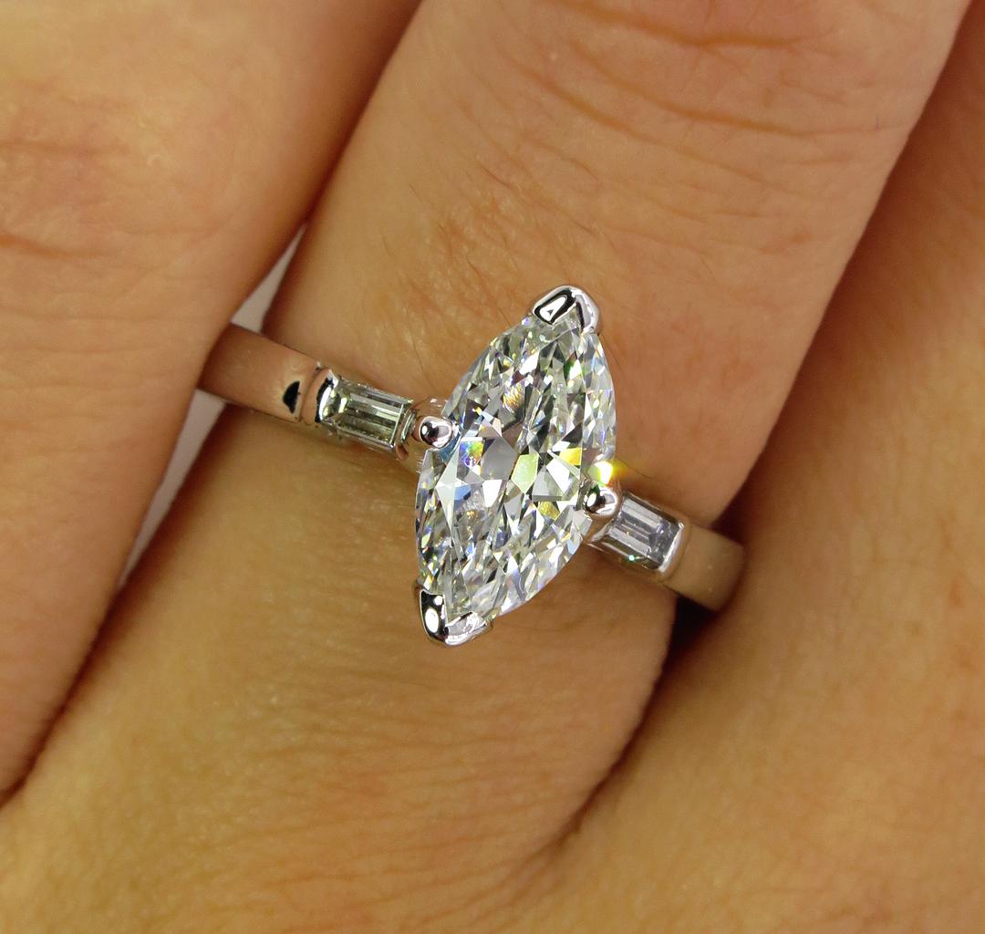 GIA 1.31 Carat Classic Marquise Cut Diamond 3-Stone Wedding Plat/WG Ring 7