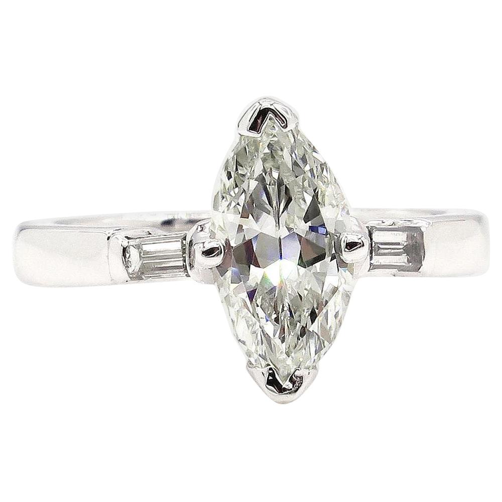 GIA 1.31 Carat Classic Marquise Cut Diamond 3-Stone Wedding Plat/WG Ring