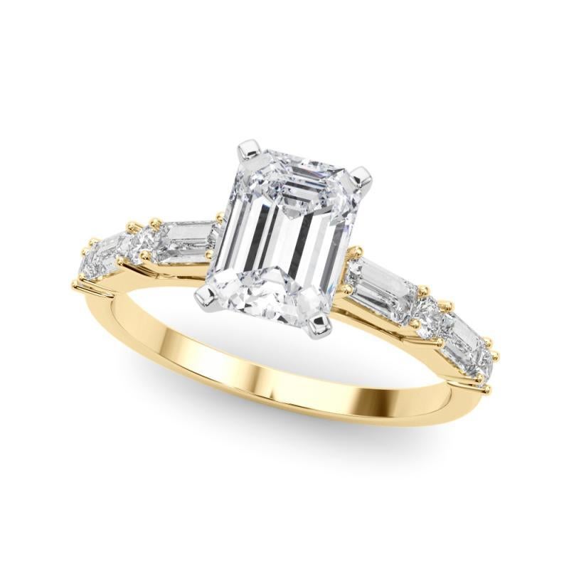 GIA 1,31ct Smaragd Runde & Baguette Channel Band 18K Gelbgold Diamantring (Smaragdschliff) im Angebot