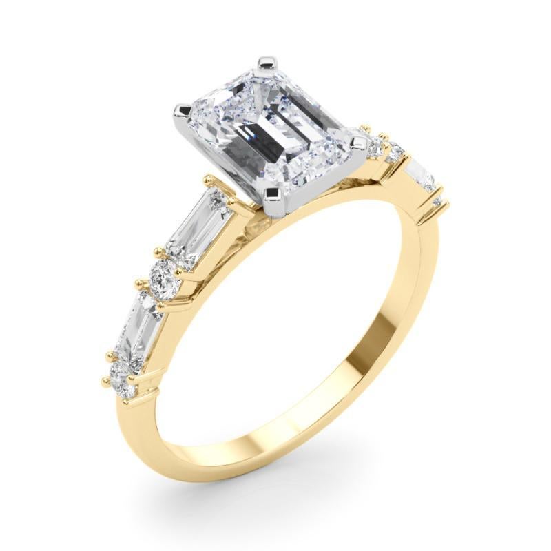 GIA 1,31ct Smaragd Runde & Baguette Channel Band 18K Gelbgold Diamantring Damen im Angebot