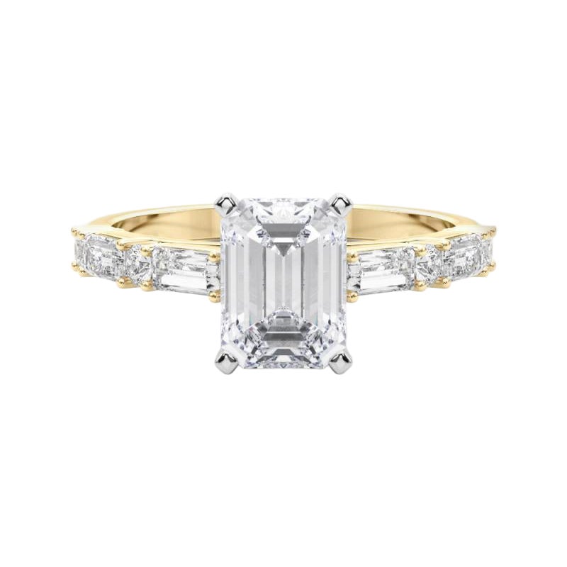 GIA 1,31ct Smaragd Runde & Baguette Channel Band 18K Gelbgold Diamantring