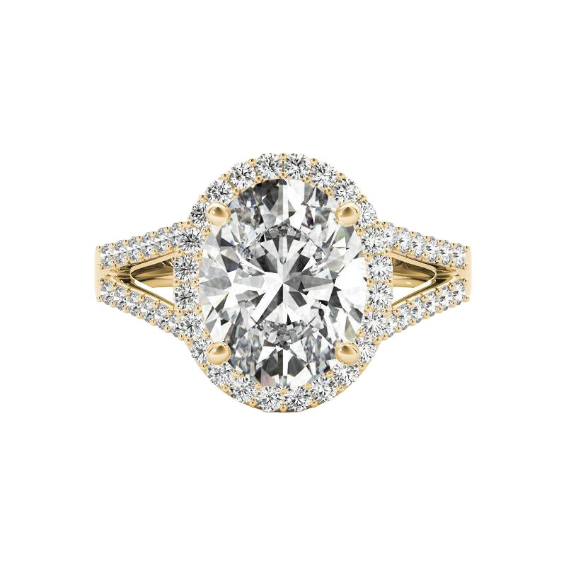 GIA 1,31ct Anello con diamante ovale aureolato a cesto aperto in oro giallo 18 carati in vendita