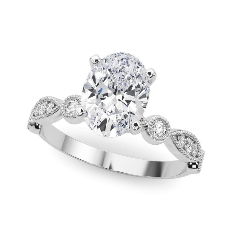 Taglio ovale GIA 1.31ct Oval Marquise & Round Milgrain Bezel Anello con diamanti in oro bianco in vendita