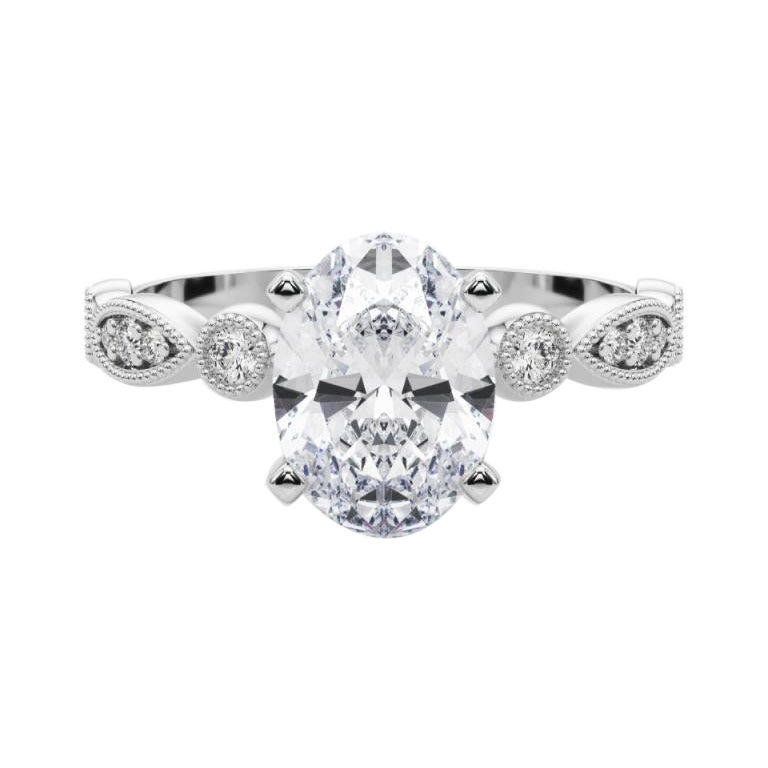 GIA 1.31ct Oval Marquise & Round Milgrain Bezel Anello con diamanti in oro bianco