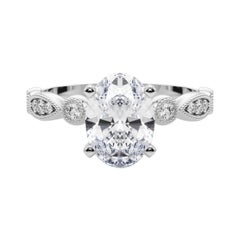 GIA 1.31ct Oval Marquise & Round Milgrain Bezel White Gold Diamond Ring