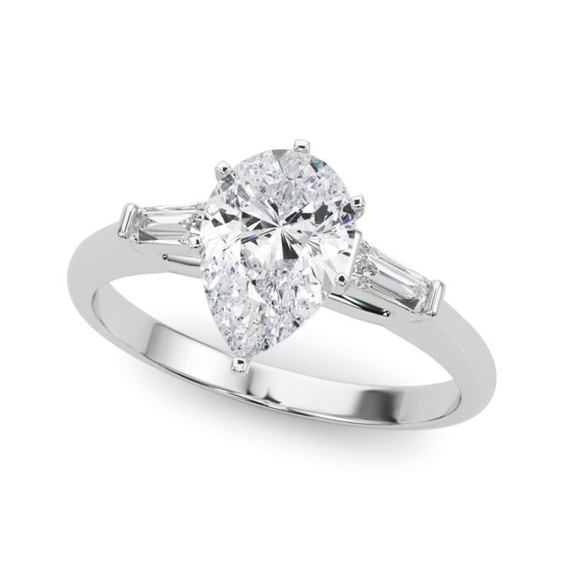 Taille poire GIA 1.31ct Pear Three-Stone Tapered Baguette 18K White Gold Diamond Ring (bague à diamants en or blanc)