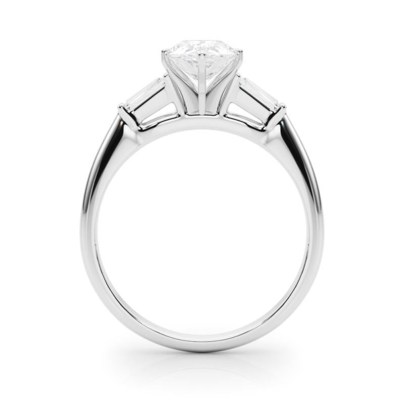 GIA 1.31ct Pear Three-Stone Tapered Baguette 18K White Gold Diamond Ring (bague à diamants en or blanc) Neuf à New York, NY