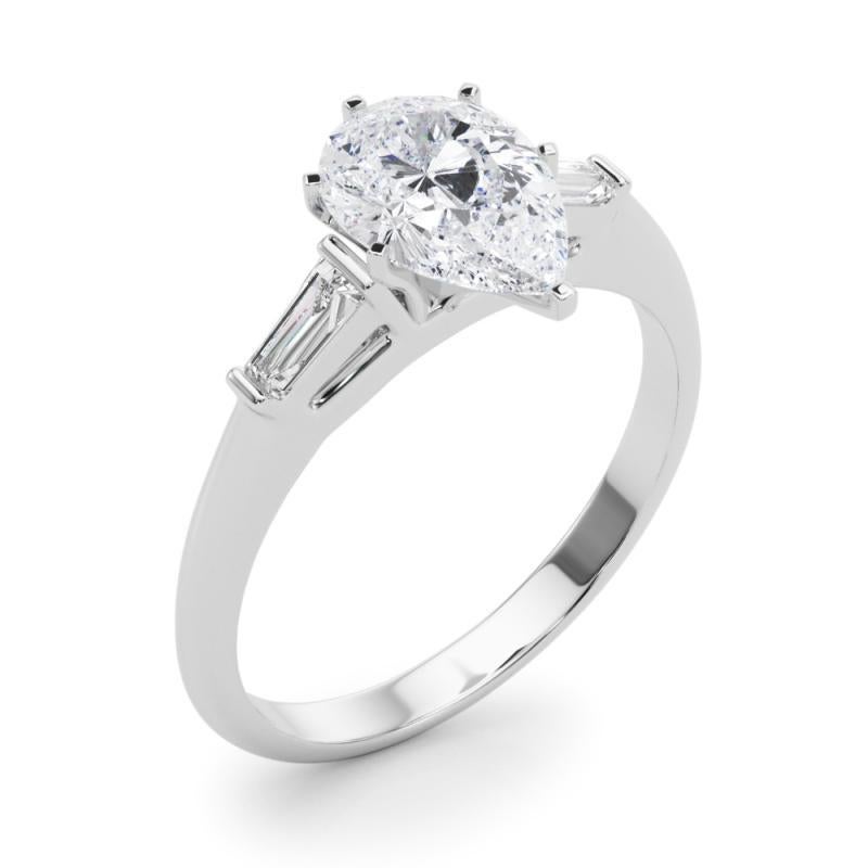  GIA 1.31ct Pear Three-Stone Tapered Baguette 18K White Gold Diamond Ring (bague à diamants en or blanc) Pour femmes 