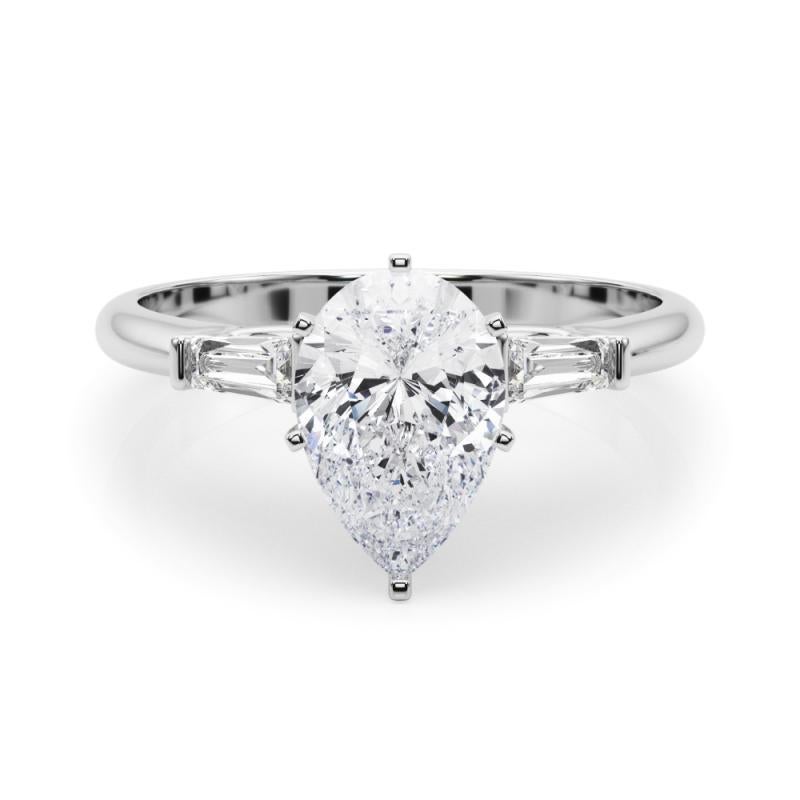 GIA 1.31ct Pear Three-Stone Tapered Baguette 18K White Gold Diamond Ring (bague à diamants en or blanc) 1