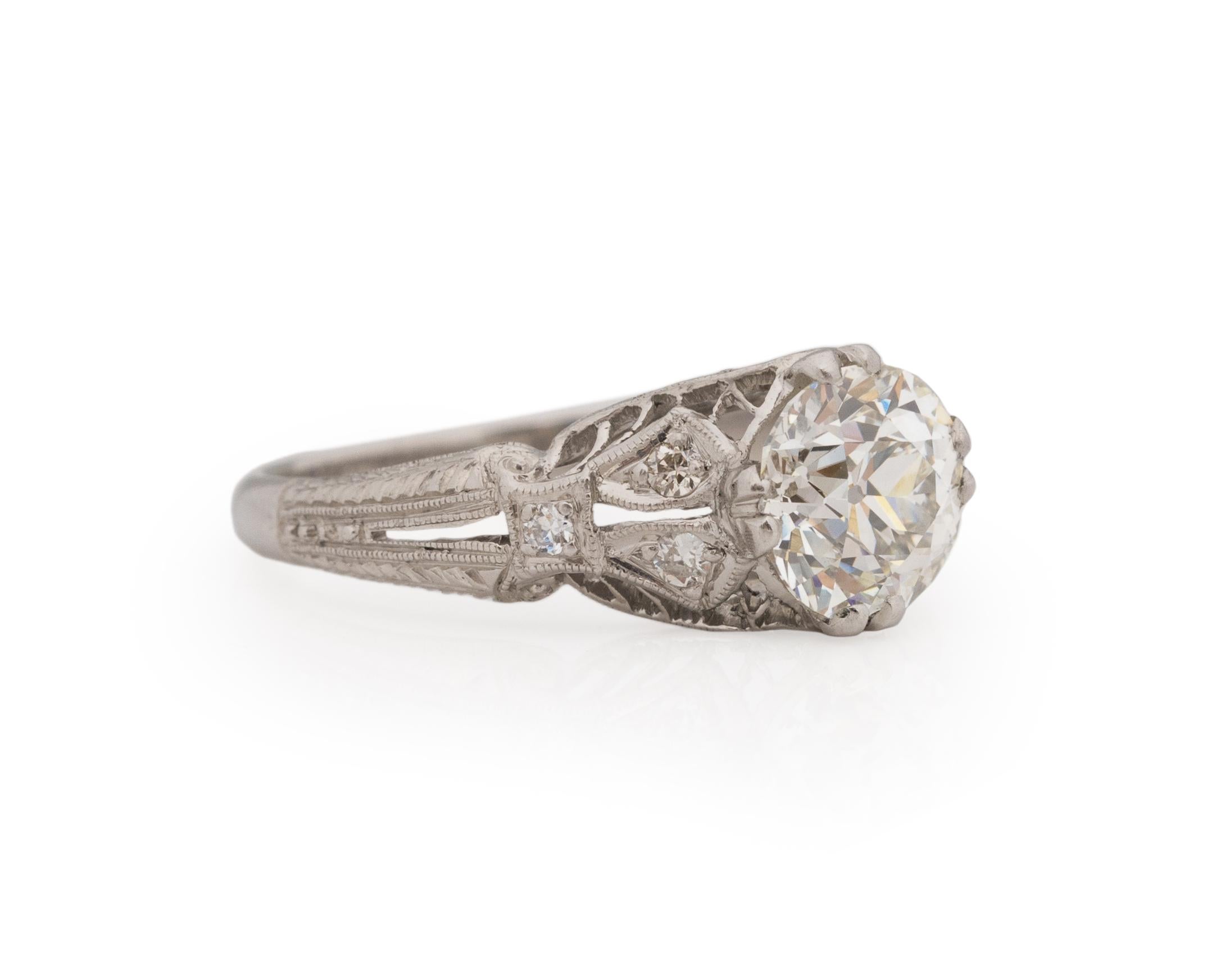 Ring Size: 5.25
Metal Type: Platinum [Hallmarked, and Tested]
Weight: 3.0 grams
Diamond Details:
GIA REPORT #: 2225420703
Weight: 1.32ct
Cut: Old European brilliant
Color: J
Clarity: VS1
Measurements: 6.90mm x 6.73mm x 4.58mm
Finger to Top of Stone