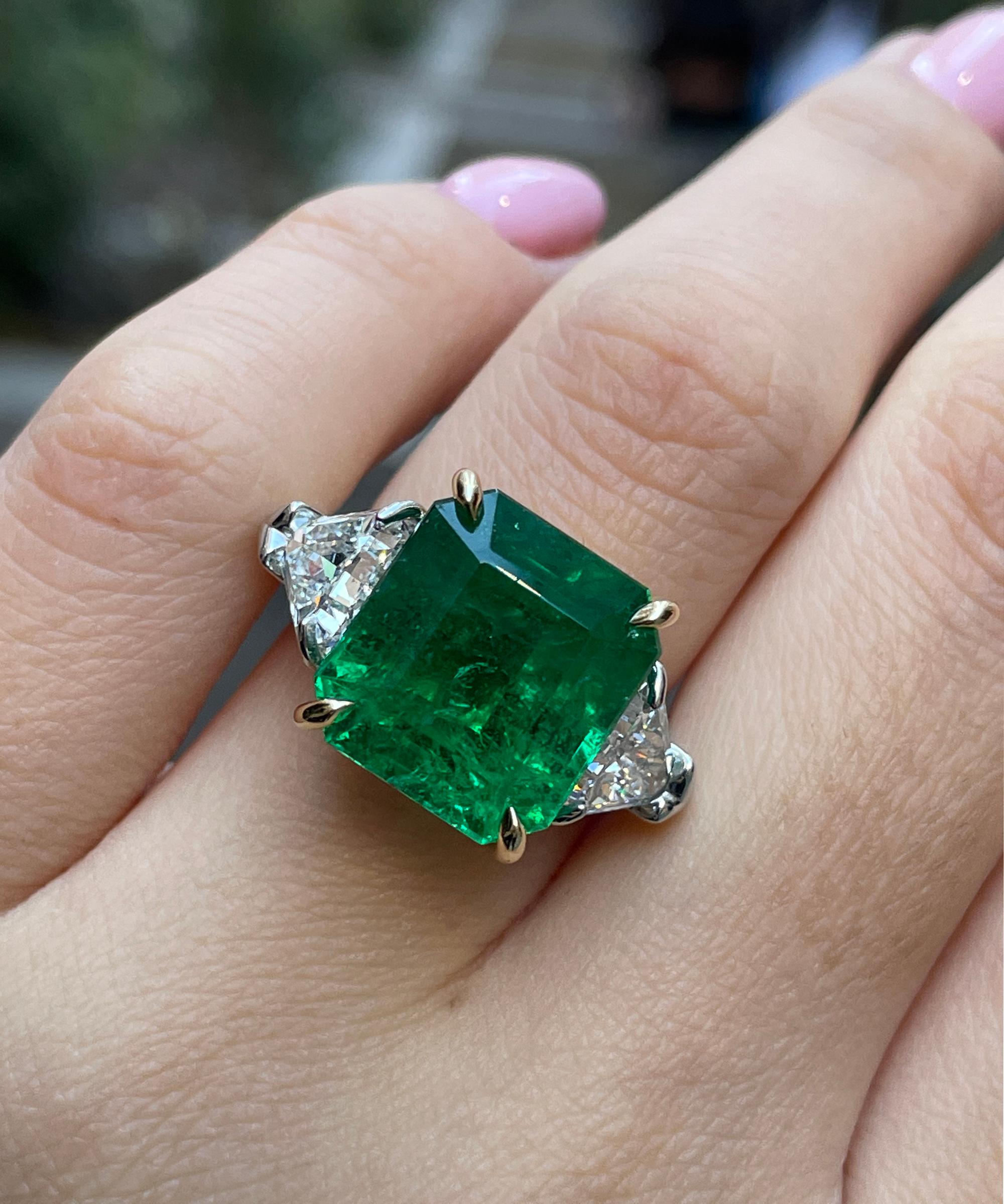 GIA 13.21ct Step cut Square Green Emerald Diamond 3 Stone Plat 18k YG Ring 4