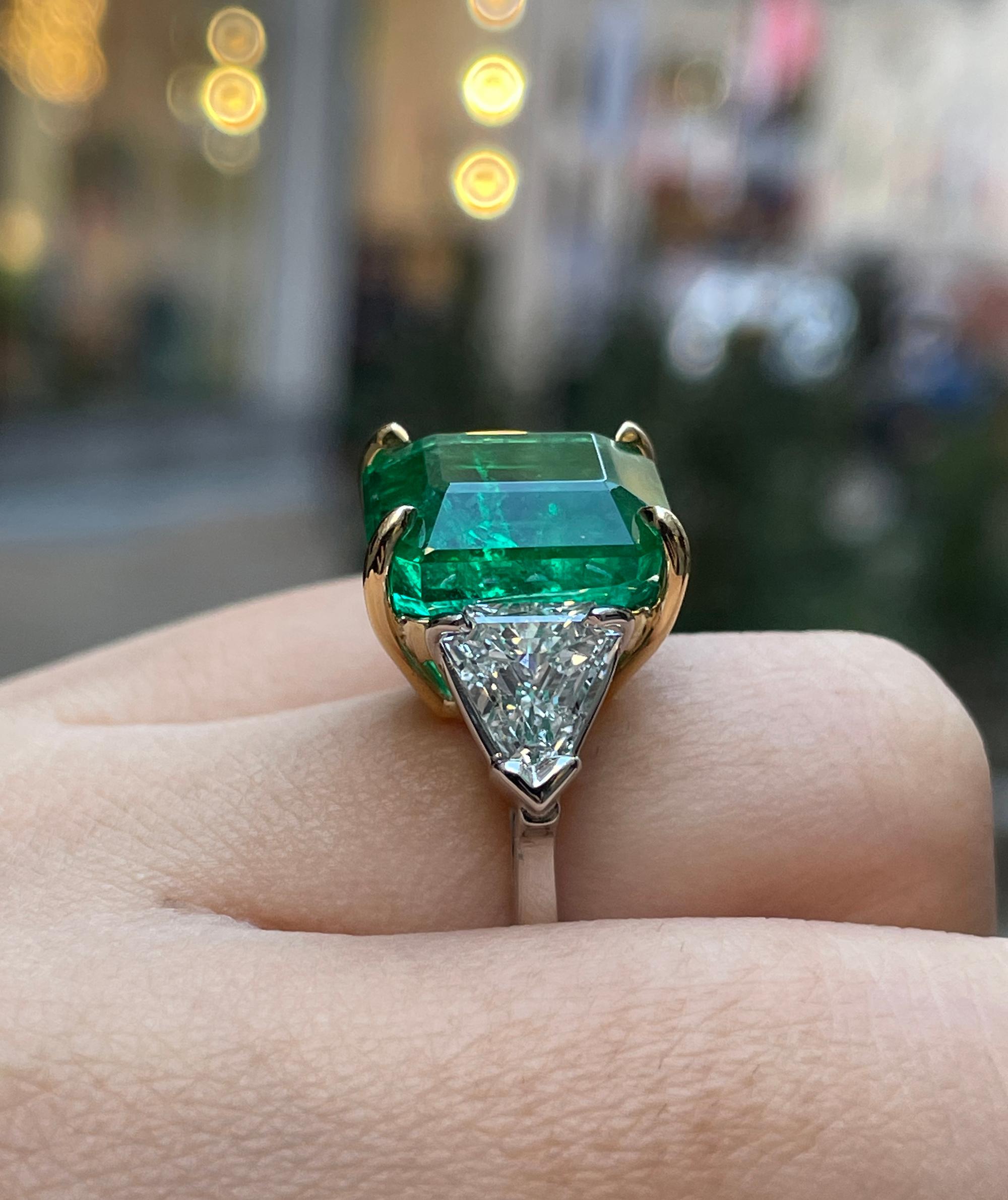 GIA 13.21ct Step cut Square Green Emerald Diamond 3 Stone Plat 18k YG Ring 6