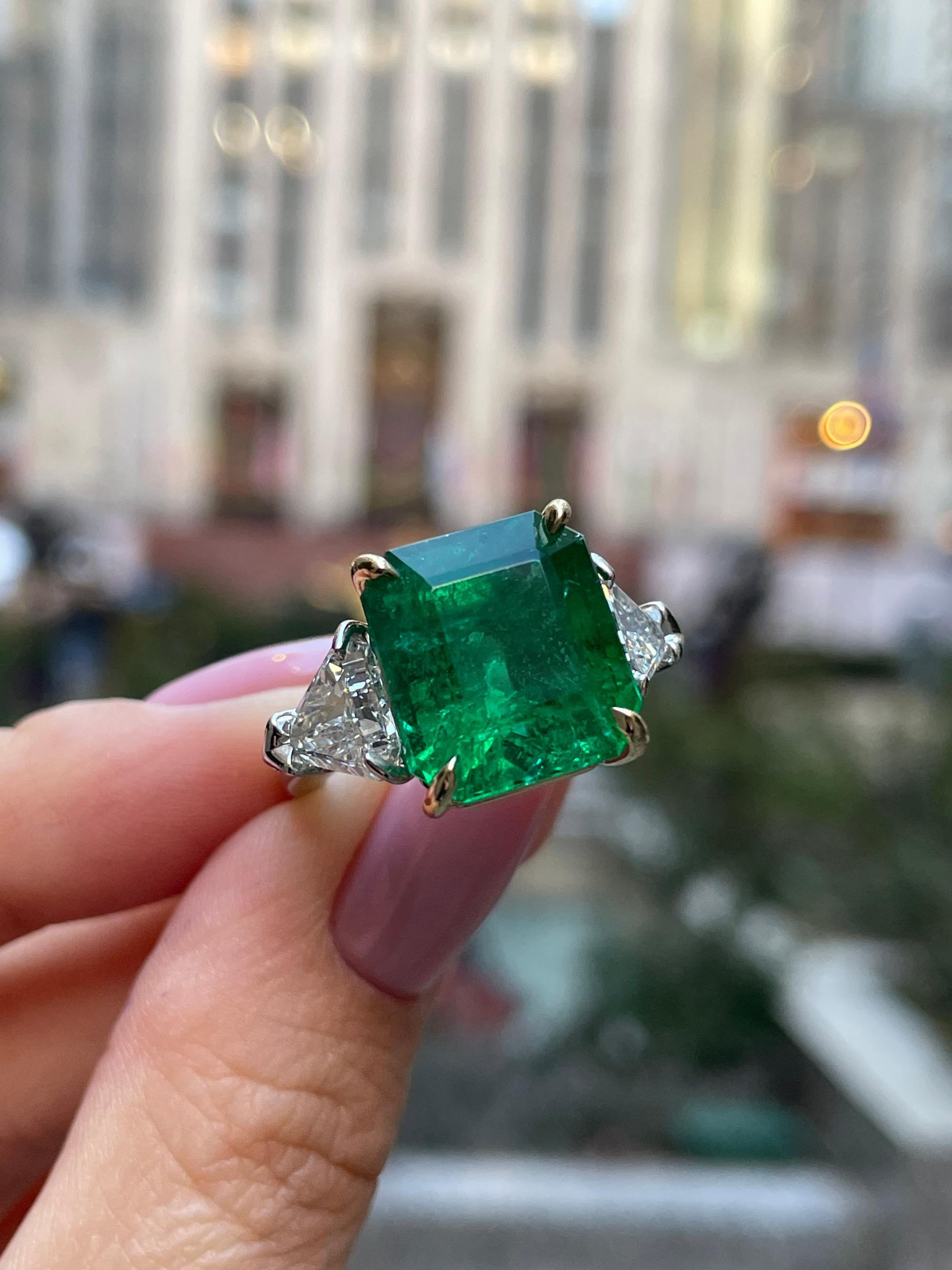 GIA 13.21ct Step cut Square Green Emerald Diamond 3 Stone Plat 18k YG Ring 9
