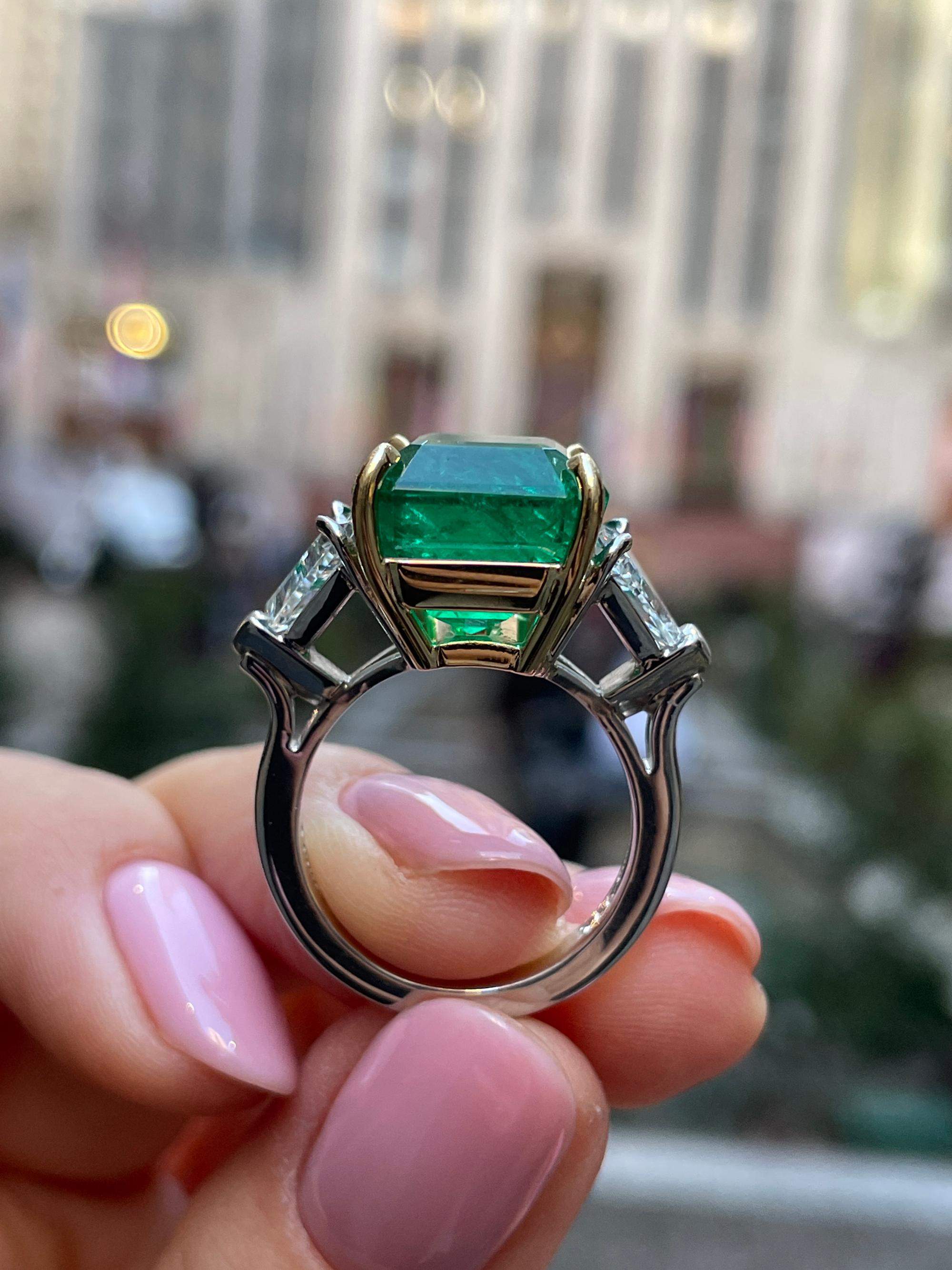 GIA 13.21ct Step cut Square Green Emerald Diamond 3 Stone Plat 18k YG Ring 10