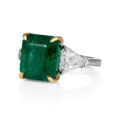 GIA 13.21ct Step cut Square Green Emerald Diamond 3 Stone Plat 18k YG Ring