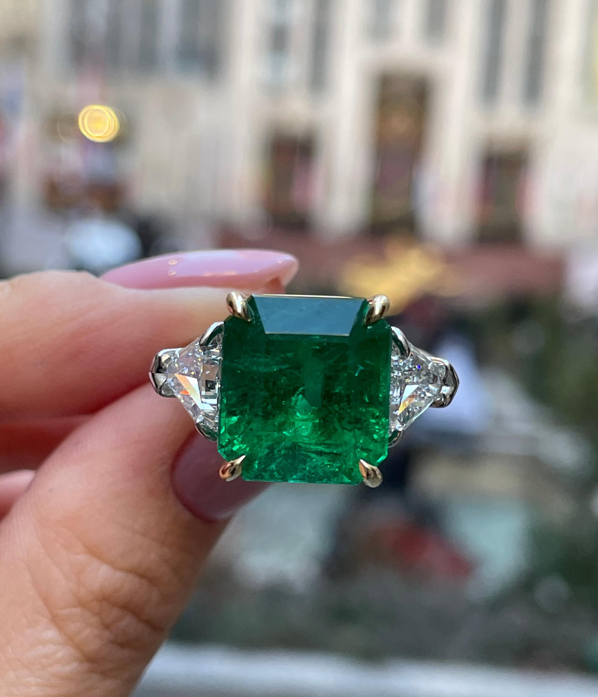 GIA 13.21ct Step cut Square Green Emerald Diamond 3 Stone Plat 18k YG Ring 12