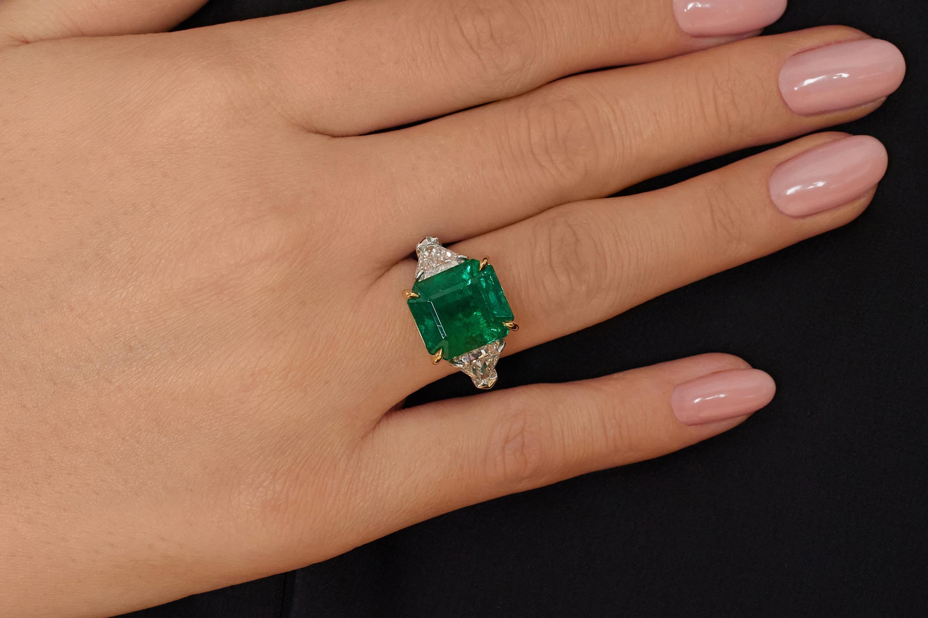 Women's GIA 13.21ct Step cut Square Green Emerald Diamond 3 Stone Plat 18k YG Ring