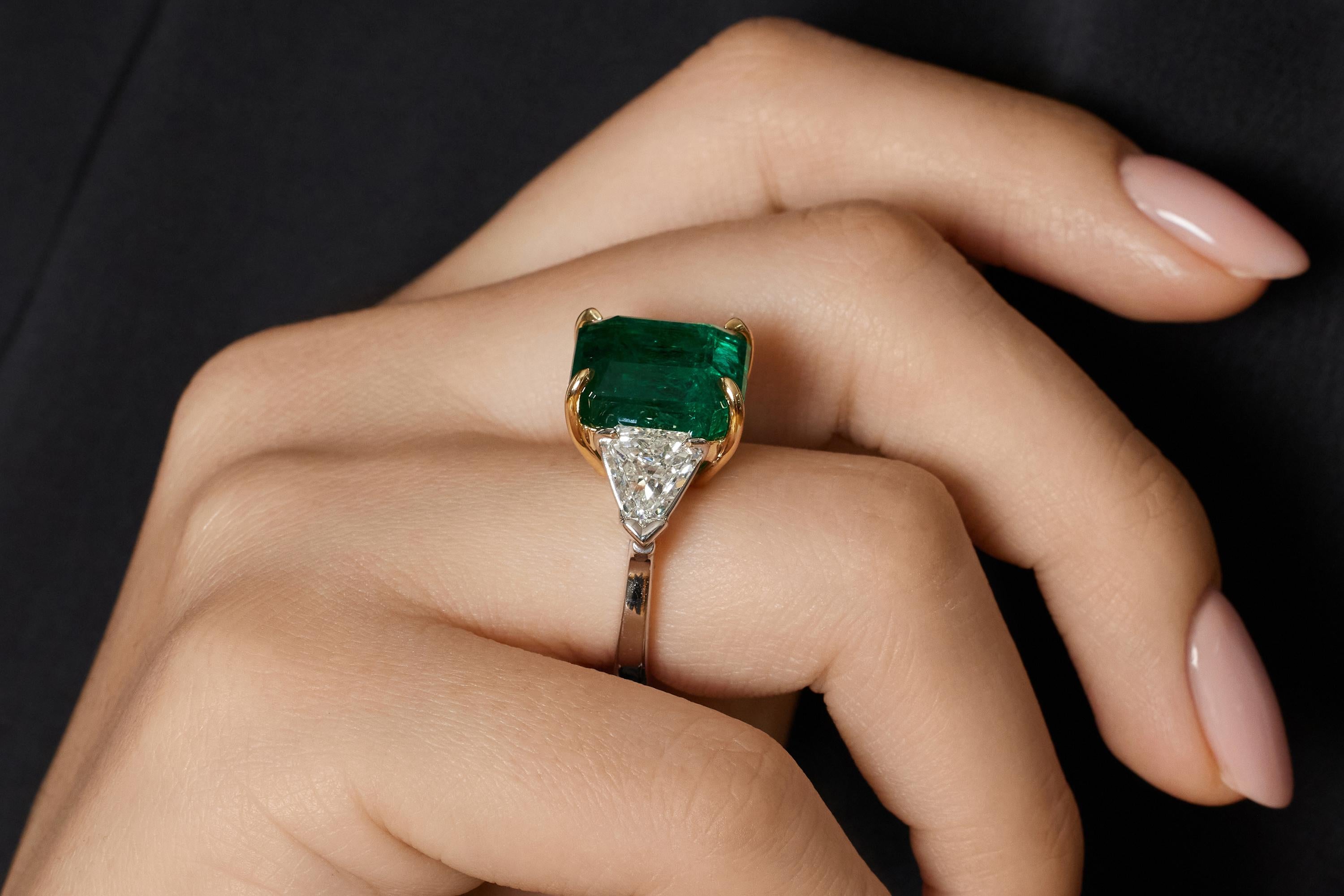 GIA 13.21ct Step cut Square Green Emerald Diamond 3 Stone Plat 18k YG Ring 1