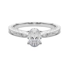 GIA Anello con diamante ovale classico solitario antico inciso in oro bianco da 1.32 ct.