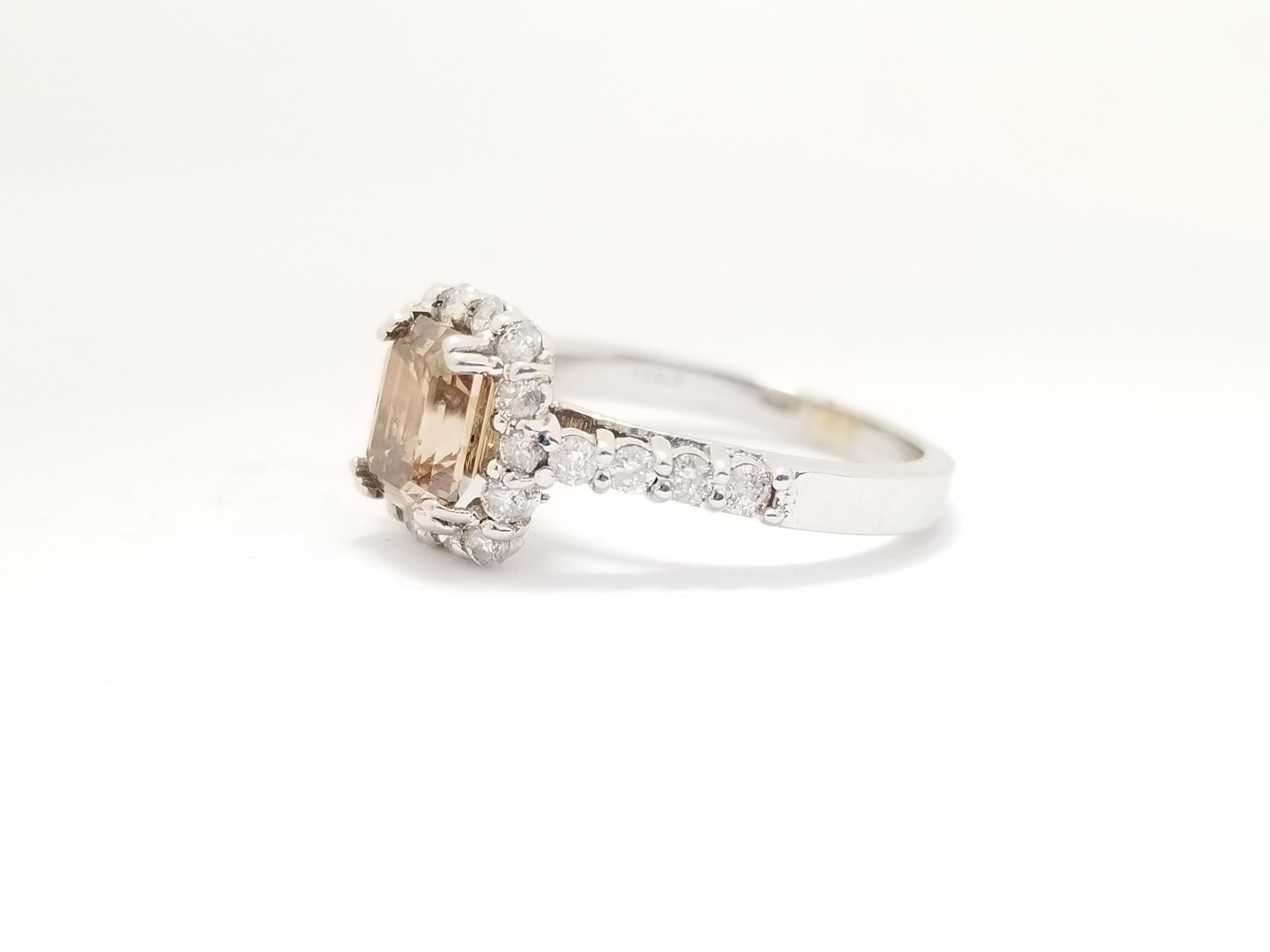 GIA 1.33 Carat Emerald Cut Fancy Yellow Brown Diamond Ring White Gold 14K In New Condition For Sale In Great Neck, NY