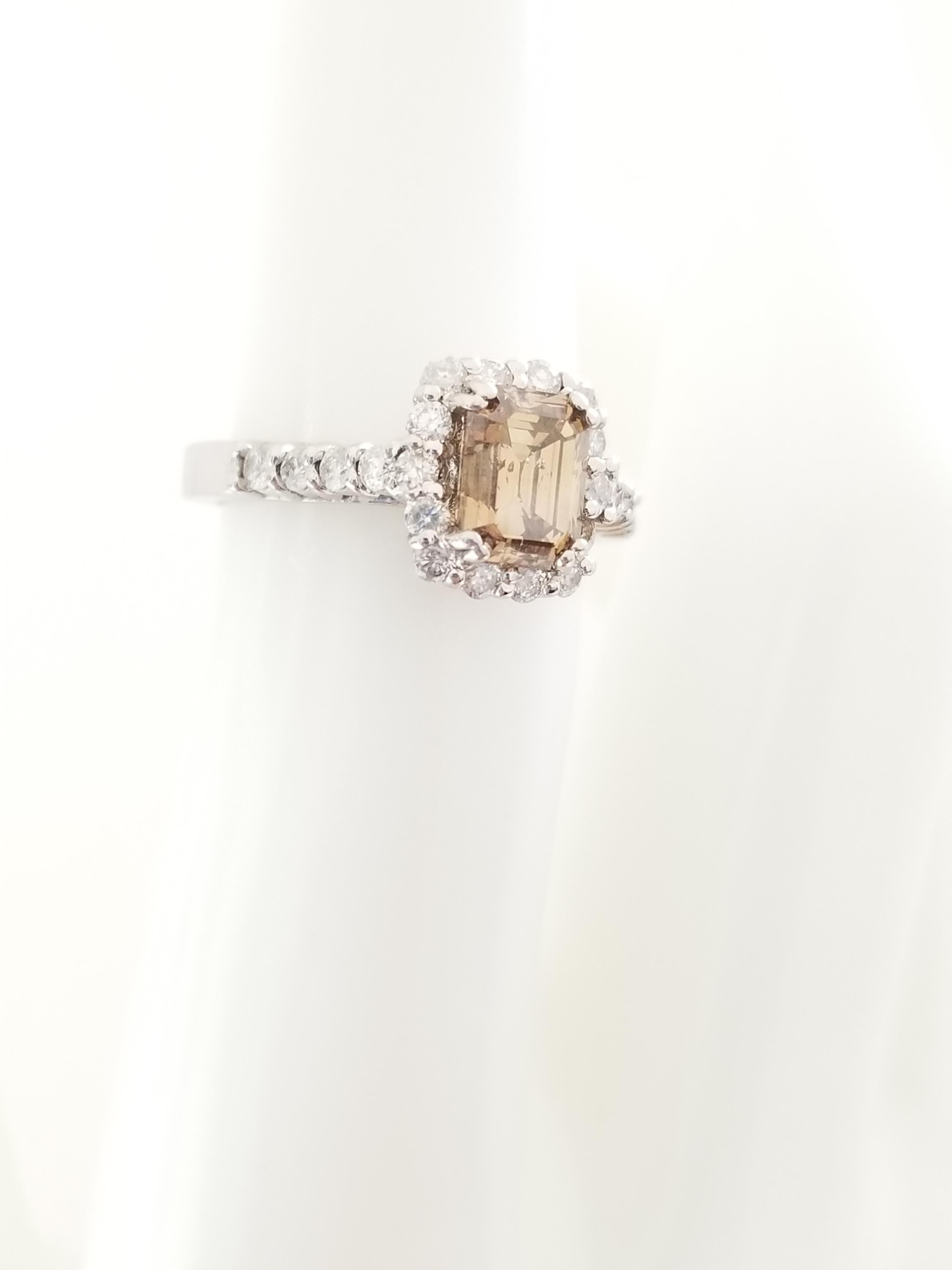 GIA 1.33 Carat Emerald Cut Fancy Yellow Brown Diamond Ring White Gold 14K For Sale 1