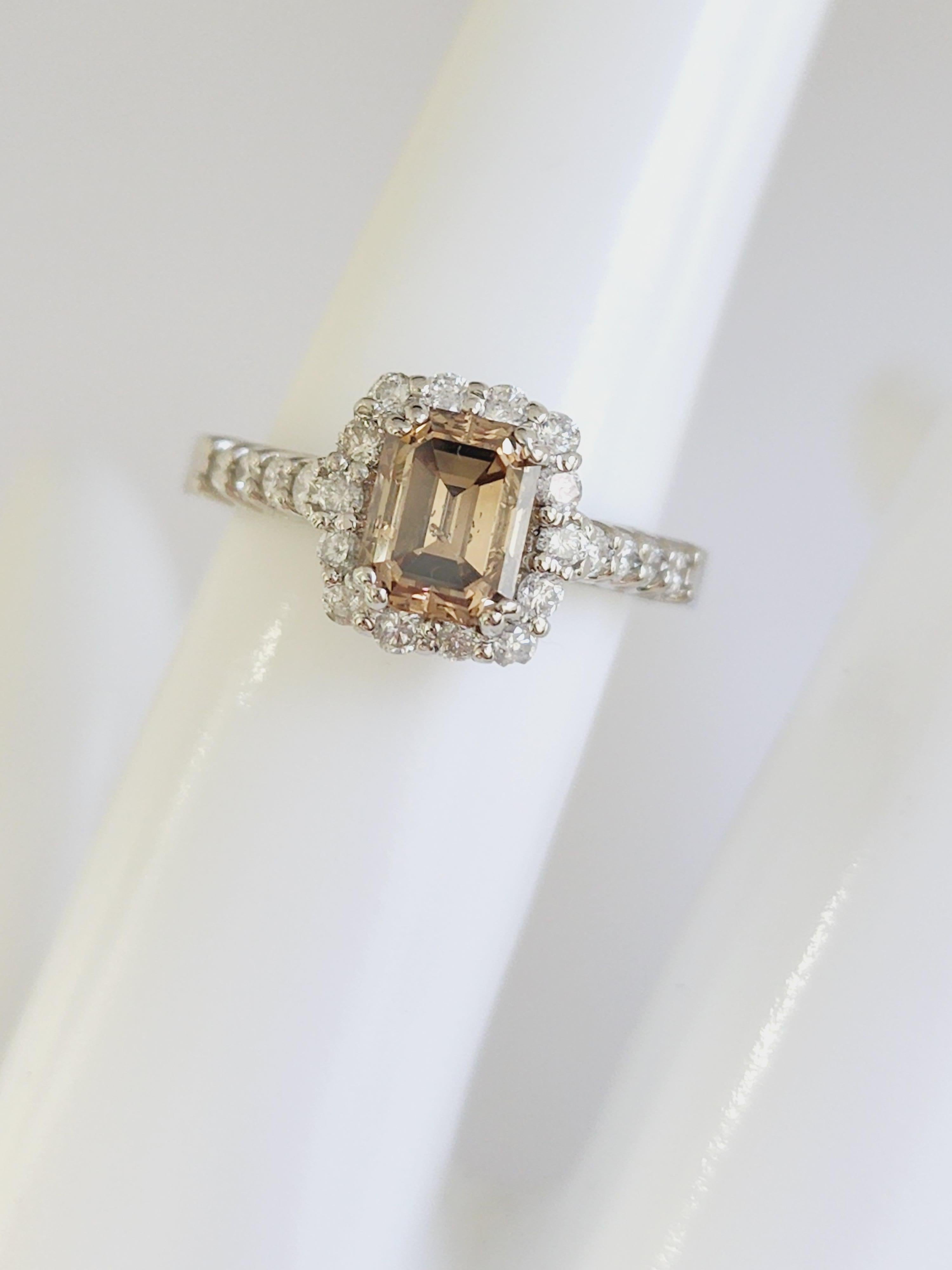 GIA 1.33 Carat Emerald Cut Fancy Yellow Brown Diamond Ring White Gold 14K For Sale 2