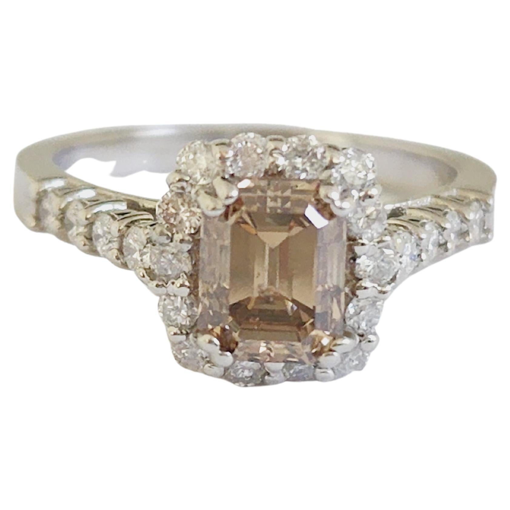 GIA 1.33 Carat Emerald Cut Fancy Yellow Brown Diamond Ring White Gold 14K For Sale