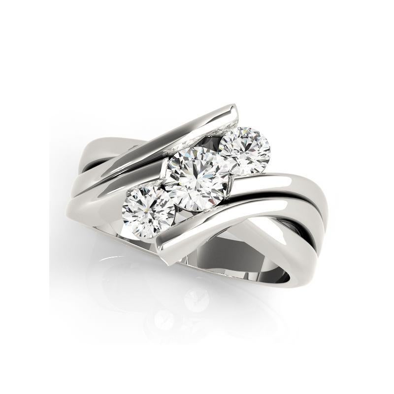 GIA 1,33ct Runder 3-Stein Moderner Gebogener Bypass 18K Weißgold Diamantring (Rundschliff) im Angebot